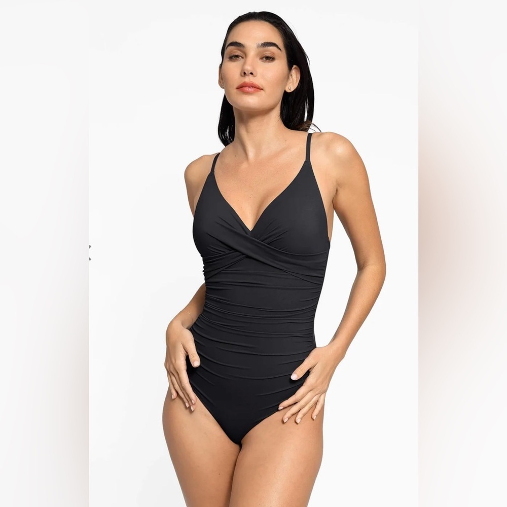 Popilush Shapewear Ruched Cross-Front Sculpting One-Piece Swimsuit NWOT